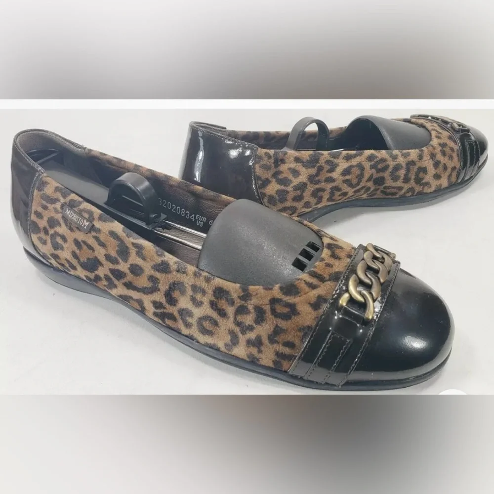 Mephisto Ballet Flats 7.5 Brown Cheetah Leather Cap toe slip ons animal Preppy